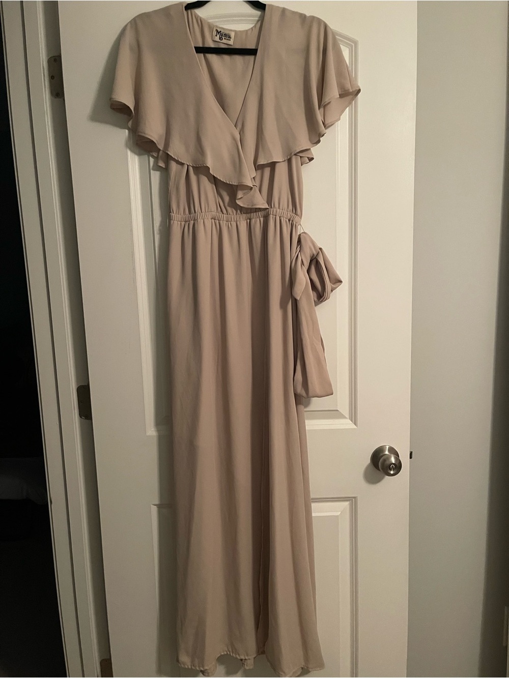 Show Me Your MuMu “Audrey” Ruffle Maxi Dress in Taupe Size M